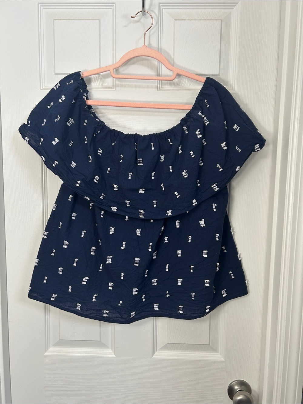 LOFT Navy Off-Shoulder Blouse with White Motif